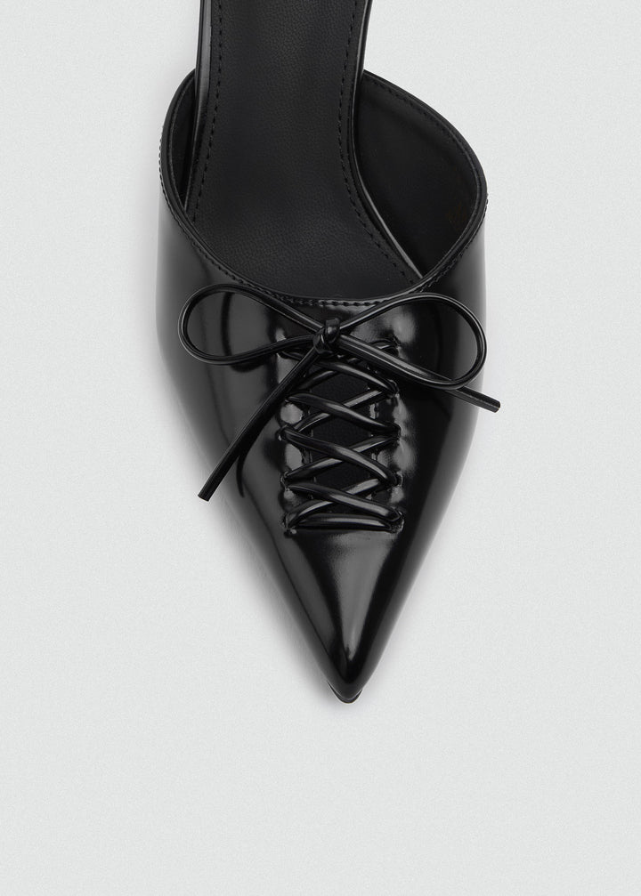 Corset Lace Bow Heeled Mules - Faux Leather - Black