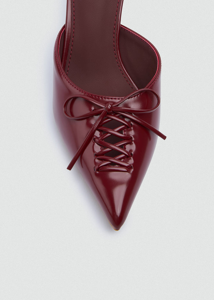 Corset Lace Bow Heeled Mules - Faux Leather - Maroon
