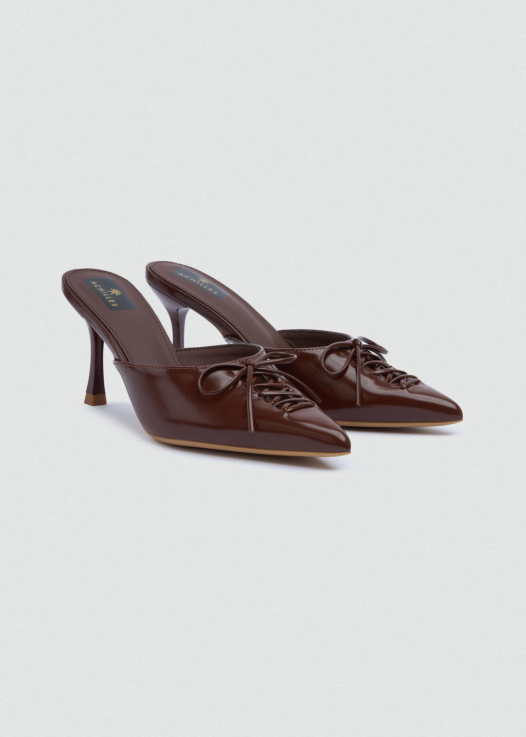 Corset Lace Bow Heeled Mules - Faux Leather - Brown