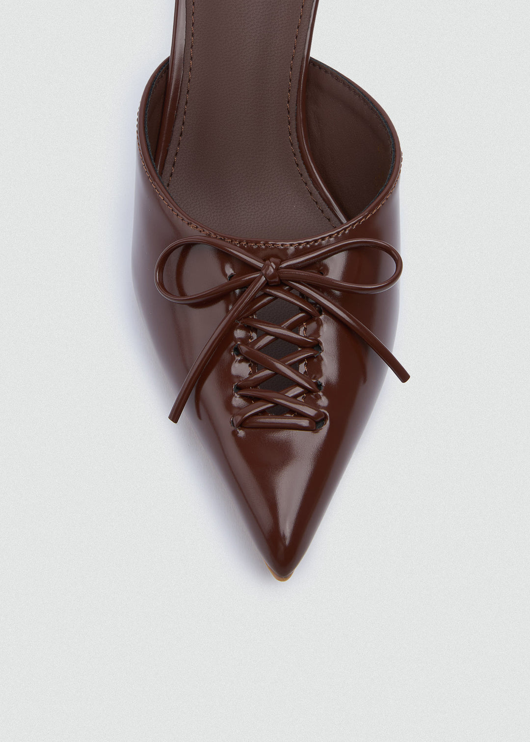 Corset Lace Bow Heeled Mules - Faux Leather - Brown
