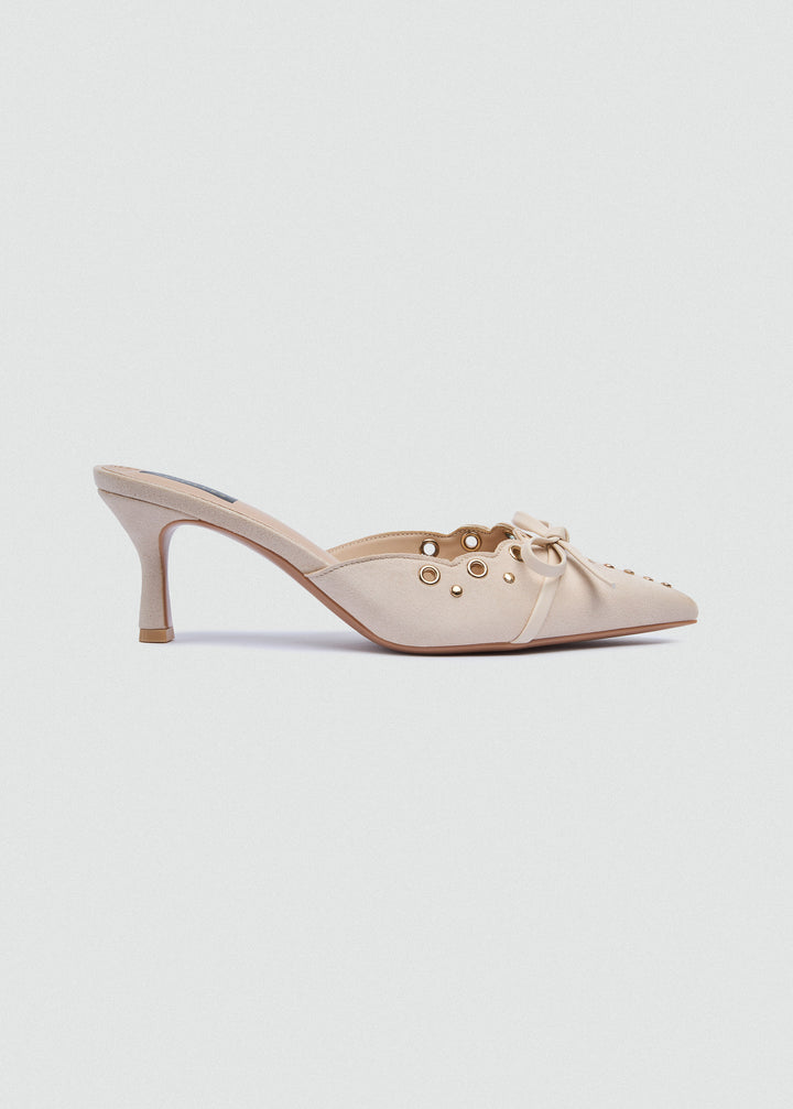 Grommet Bow Heeled Mules - Matt Satin - Beige
