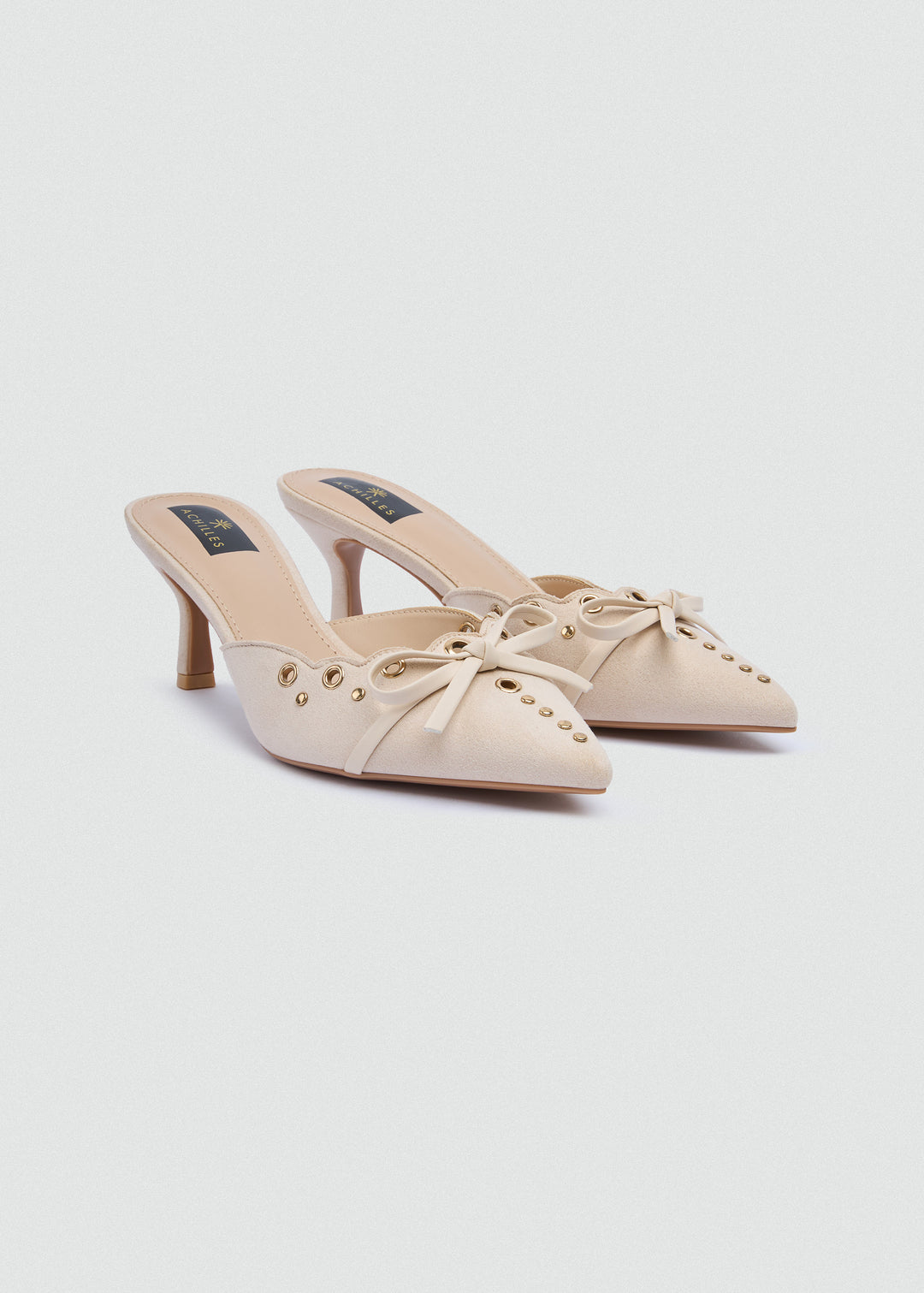 Grommet Bow Heeled Mules - Matt Satin - Beige
