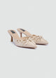 Grommet Bow Heeled Mules - Matt Satin - Beige