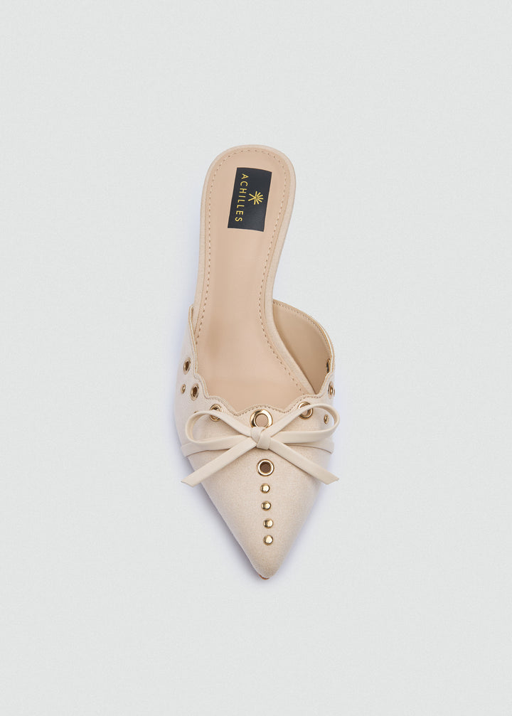 Grommet Bow Heeled Mules - Matt Satin - Beige