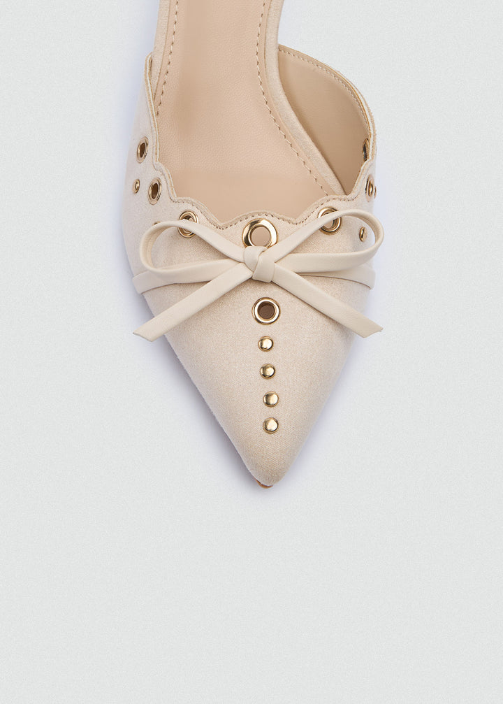 Grommet Bow Heeled Mules - Matt Satin - Beige