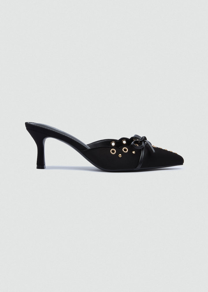 Grommet Bow Heeled Mules - Matt Satin - Black