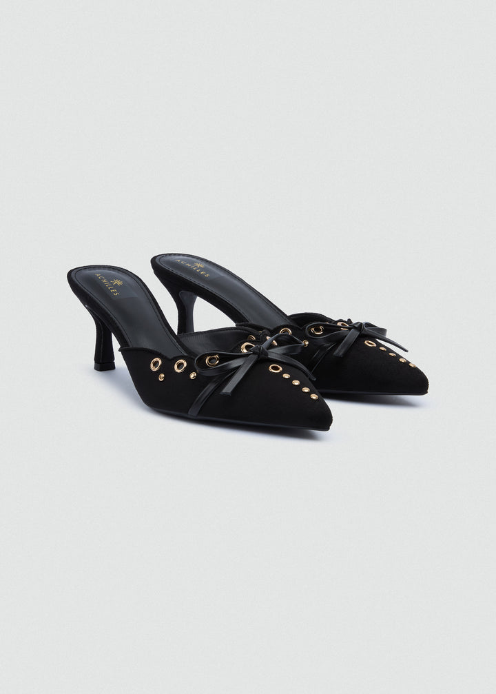Grommet Bow Heeled Mules - Matt Satin - Black