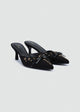 Grommet Bow Heeled Mules - Matt Satin - Black