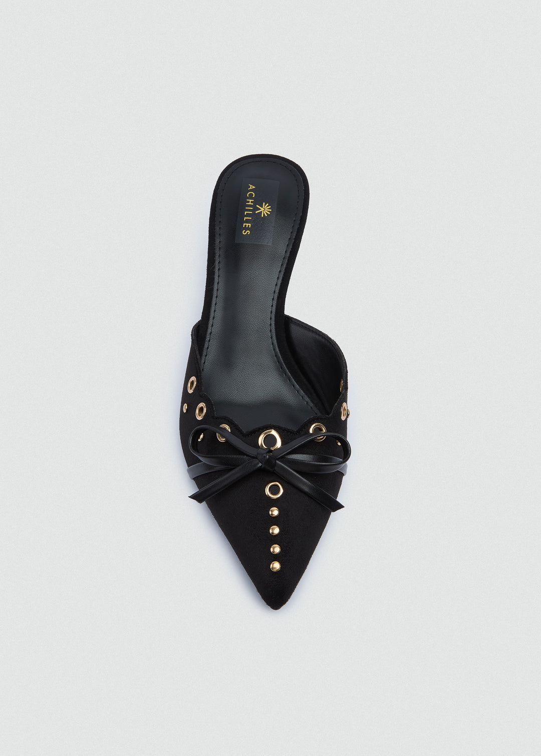 Grommet Bow Heeled Mules - Matt Satin - Black