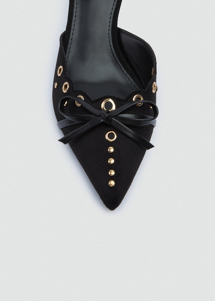 Grommet Bow Heeled Mules - Matt Satin - Black
