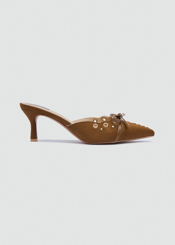 Grommet Bow Heeled Mules - Matt Satin - Camel