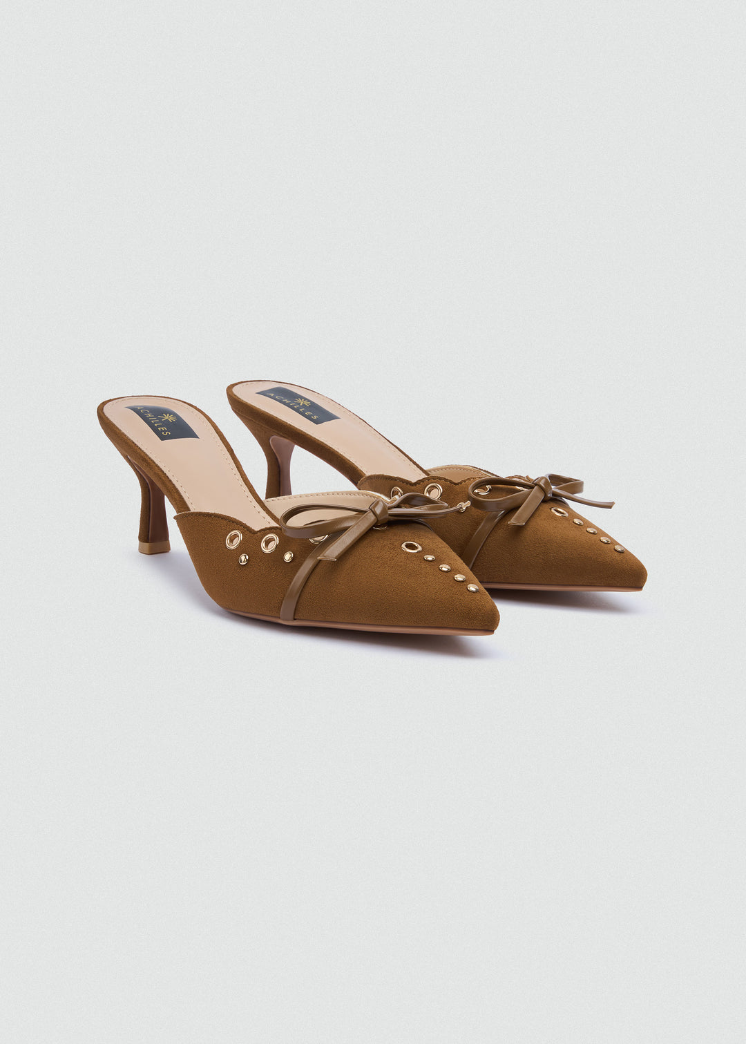 Grommet Bow Heeled Mules - Matt Satin - Camel