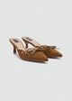 Grommet Bow Heeled Mules - Matt Satin - Camel