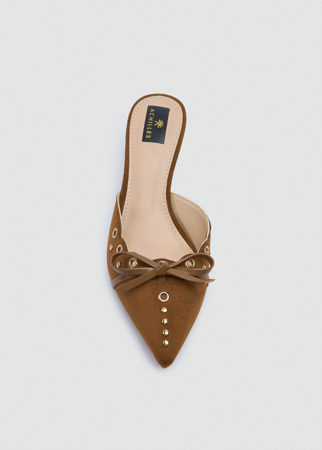 Grommet Bow Heeled Mules - Matt Satin - Camel