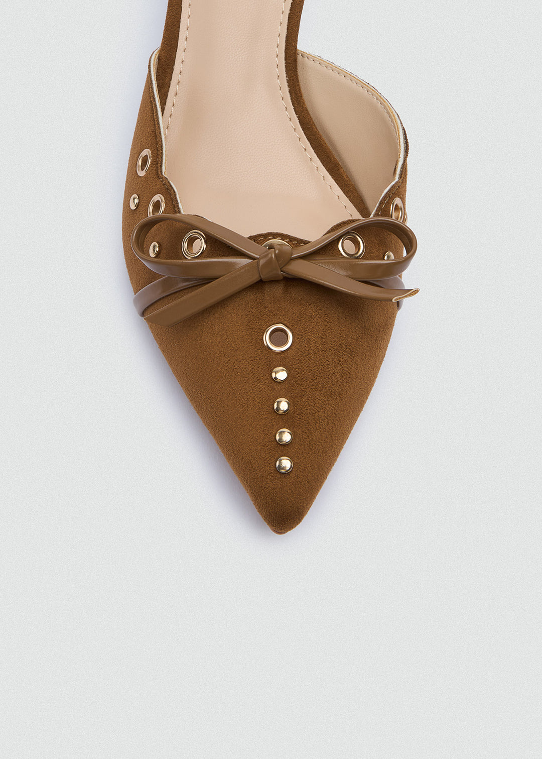 Grommet Bow Heeled Mules - Matt Satin - Camel