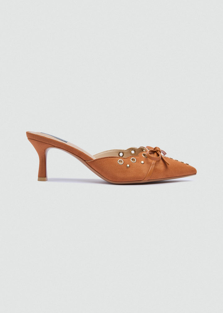 Grommet Bow Heeled Mules - Matt Satin - Cinnamon