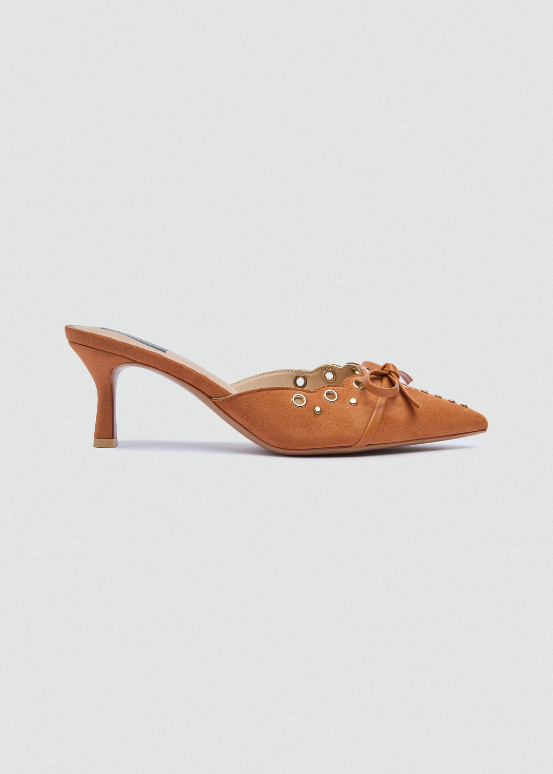 Grommet Bow Heeled Mules - Matt Satin - Cinnamon