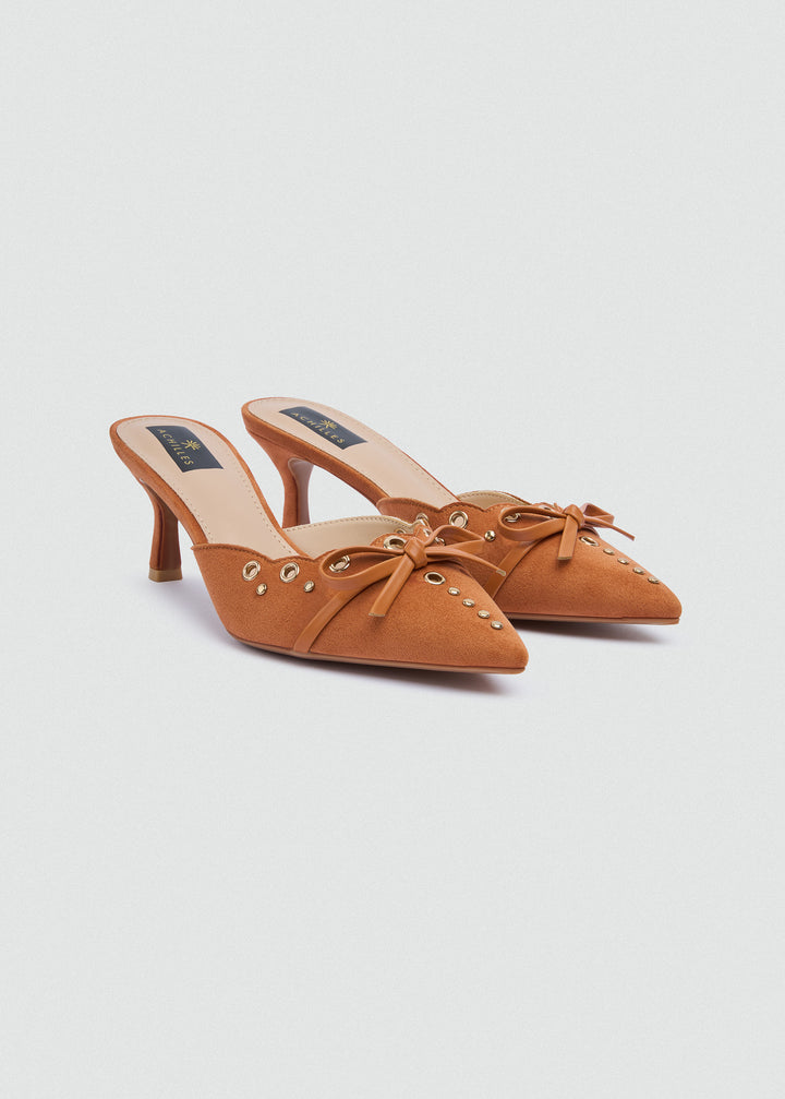 Grommet Bow Heeled Mules - Matt Satin - Cinnamon