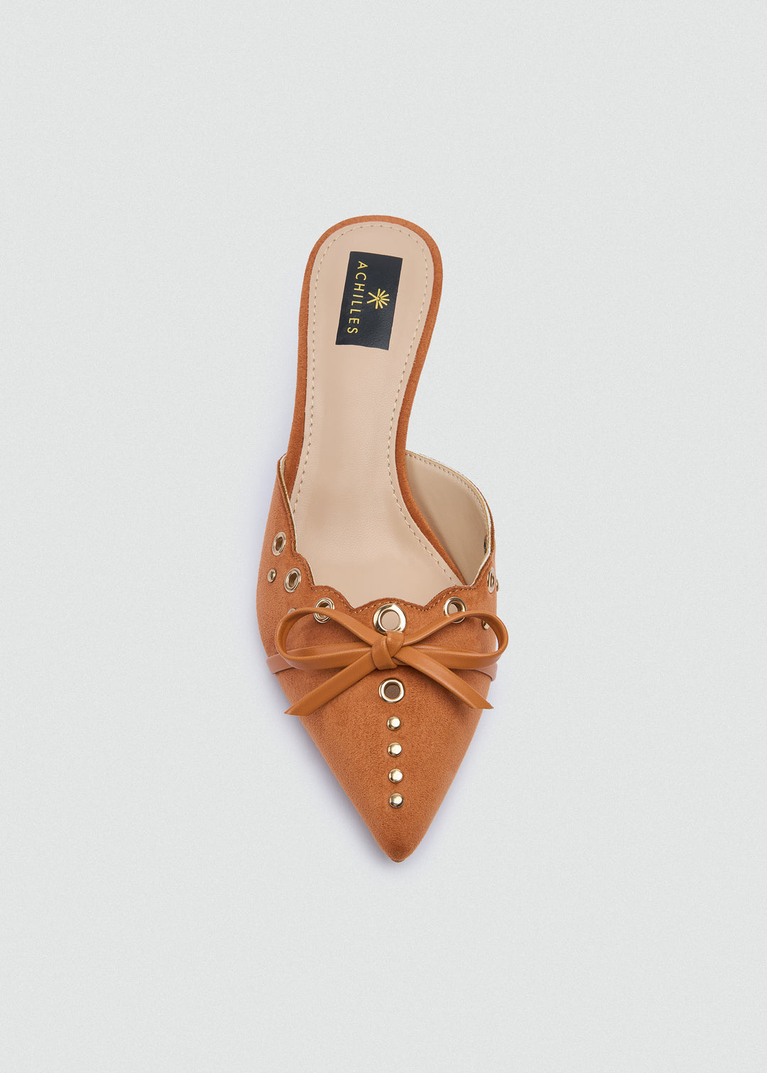 Grommet Bow Heeled Mules - Matt Satin - Cinnamon
