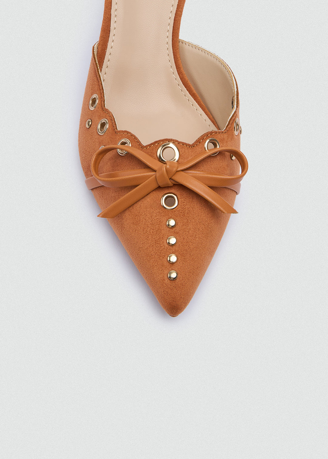 Grommet Bow Heeled Mules - Matt Satin - Cinnamon