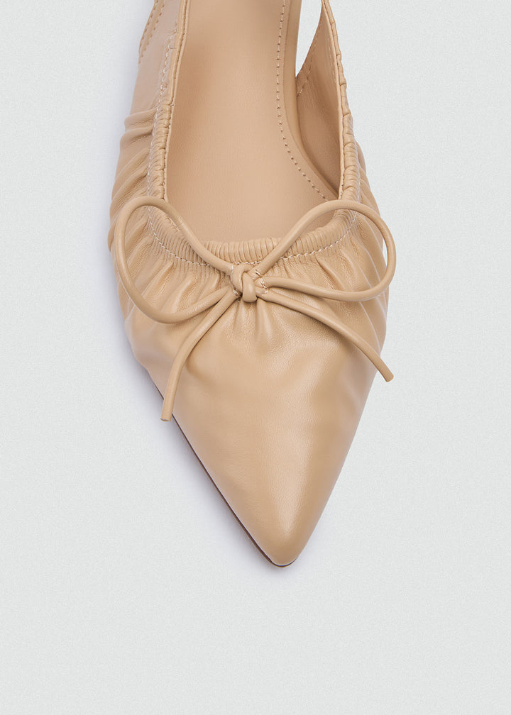 Ruched Strap Kitten Heels - Faux Leather - Beige