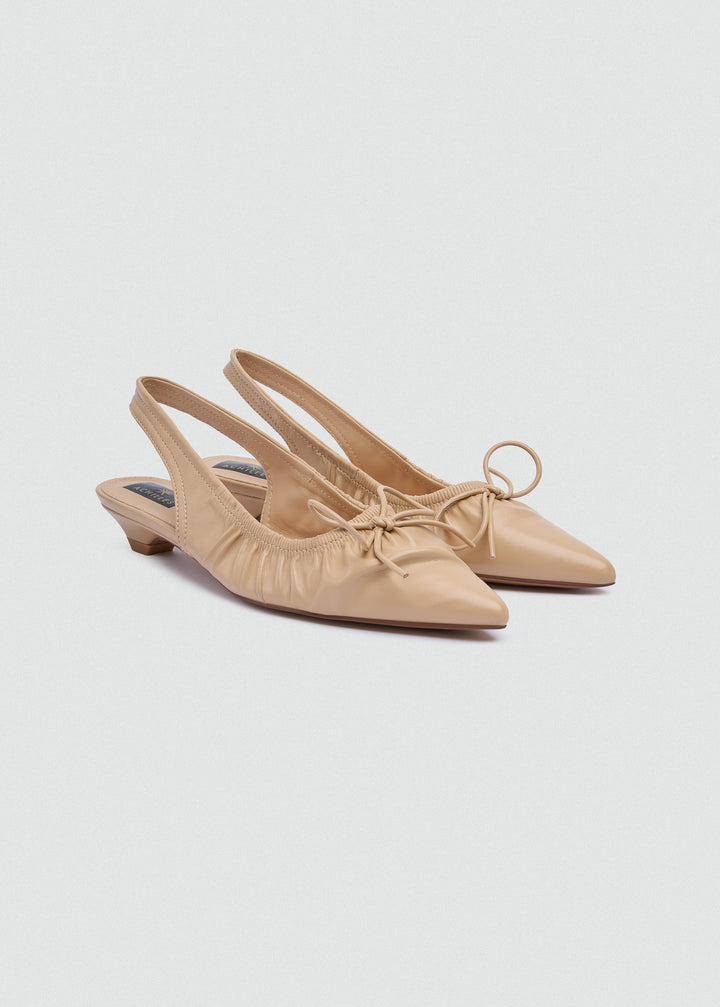 Ruched Strap Kitten Heels - Faux Leather - Beige