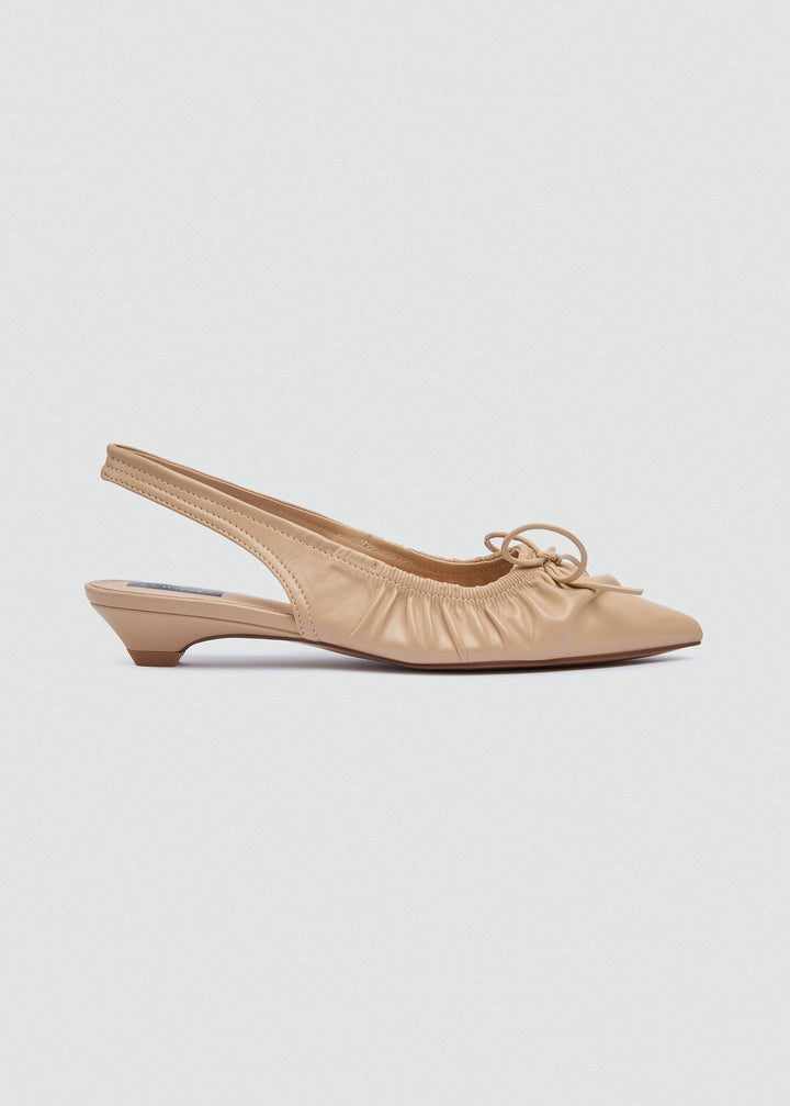 Ruched Strap Kitten Heels - Faux Leather - Beige