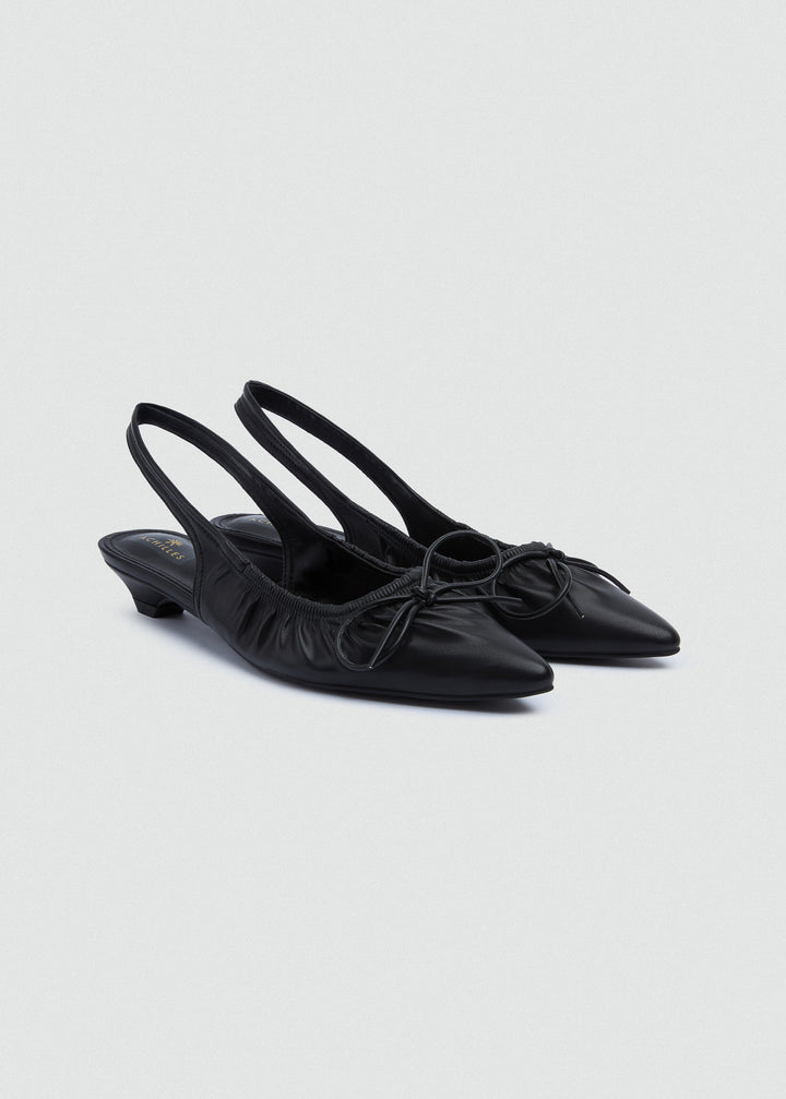 Ruched Strap Kitten Heels - Faux Leather - Black
