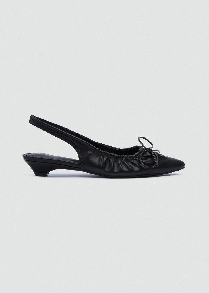 Ruched Strap Kitten Heels - Faux Leather - Black