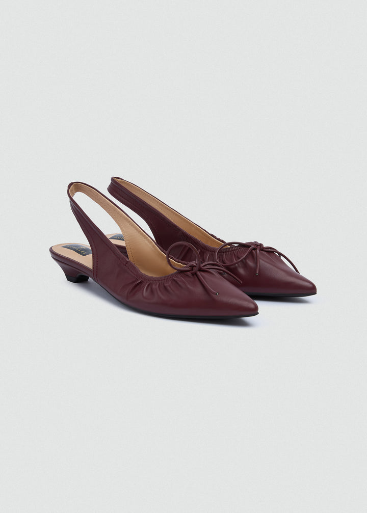 Ruched Strap Kitten Heels - Faux Leather - Maroon