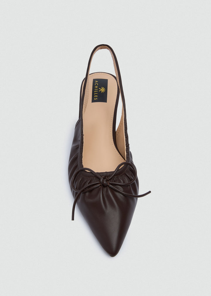 Ruched Strap Kitten Heels - Faux Leather - Brown