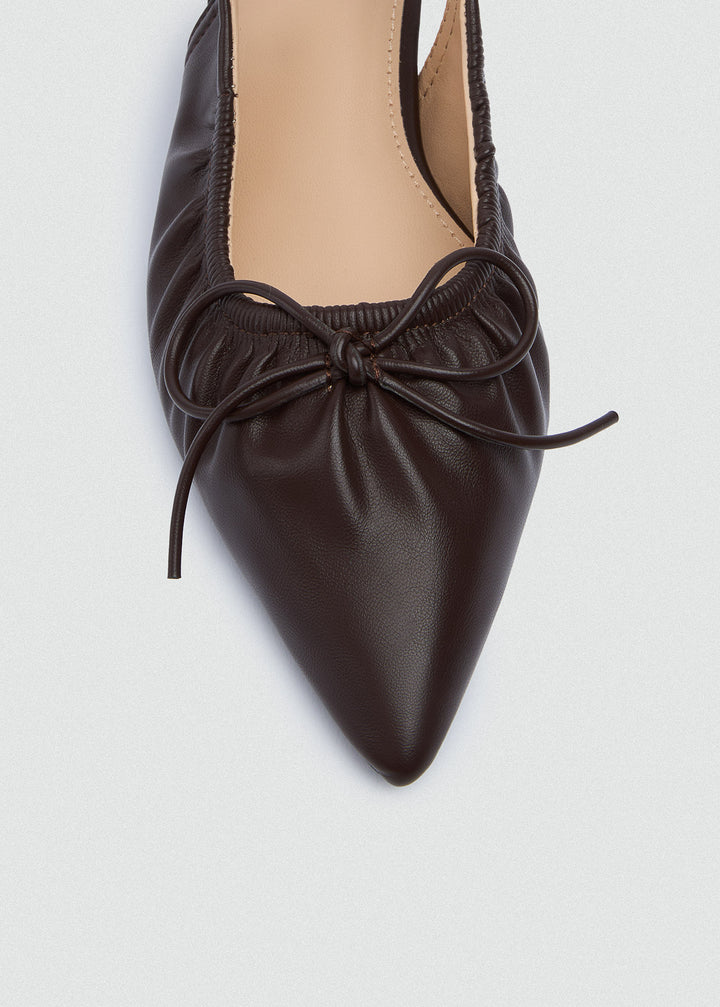 Ruched Strap Kitten Heels - Faux Leather - Brown