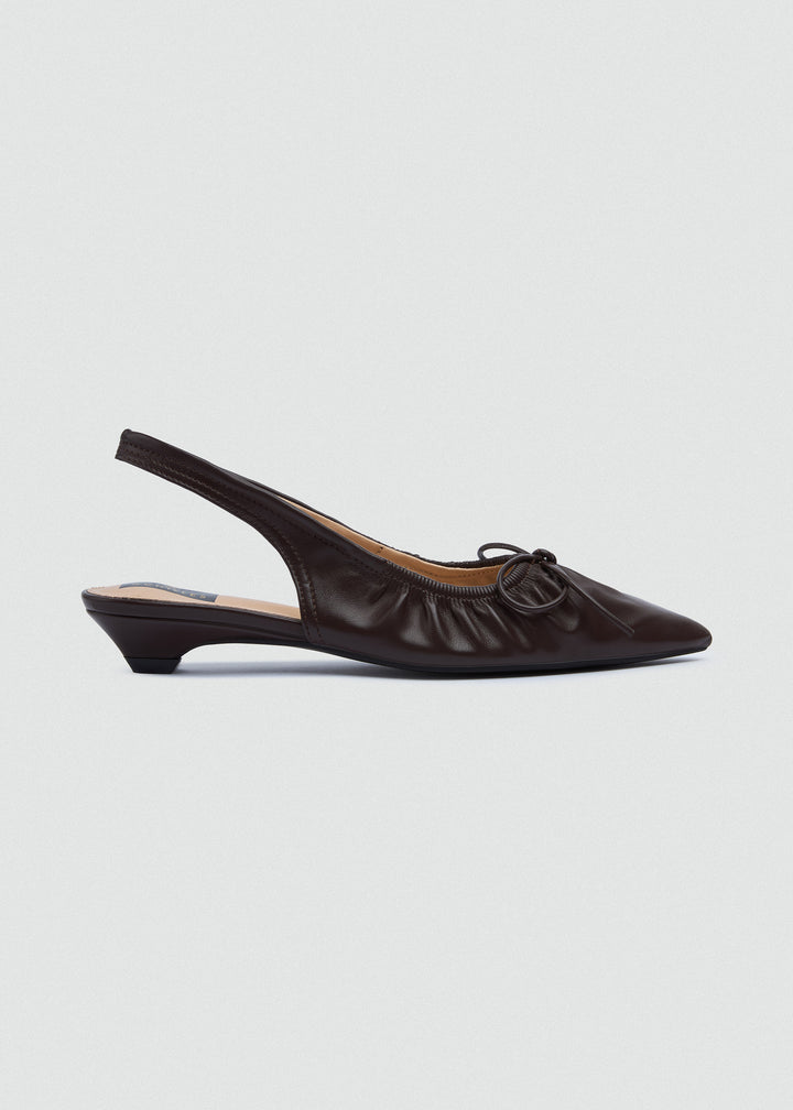 Ruched Strap Kitten Heels - Faux Leather - Brown