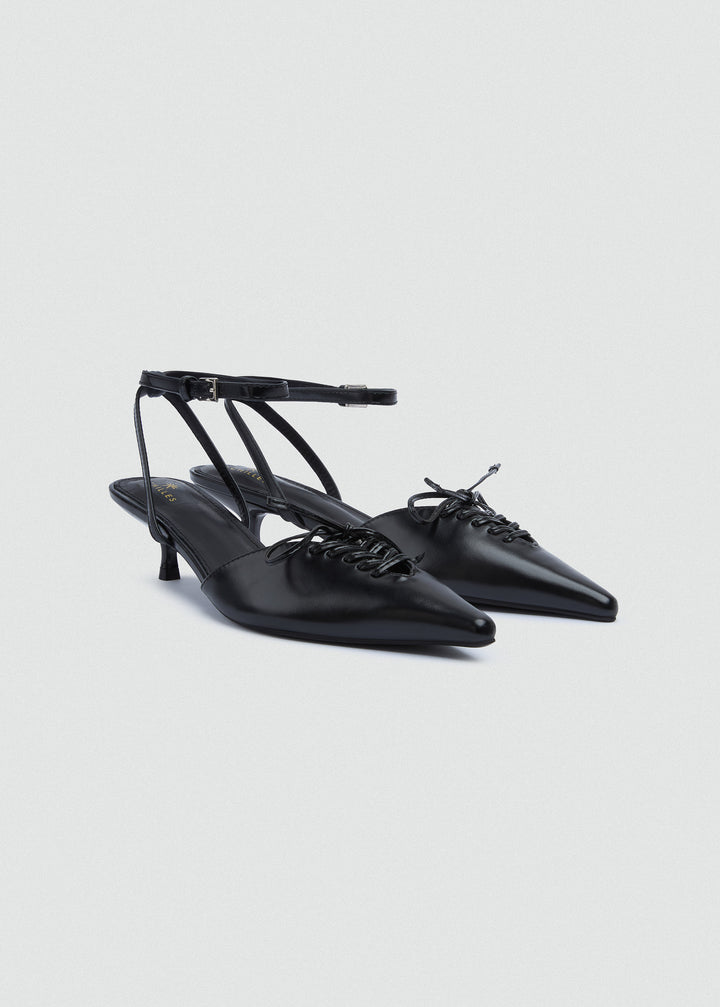 Strappy Lace-Up Kitten Heels - Black