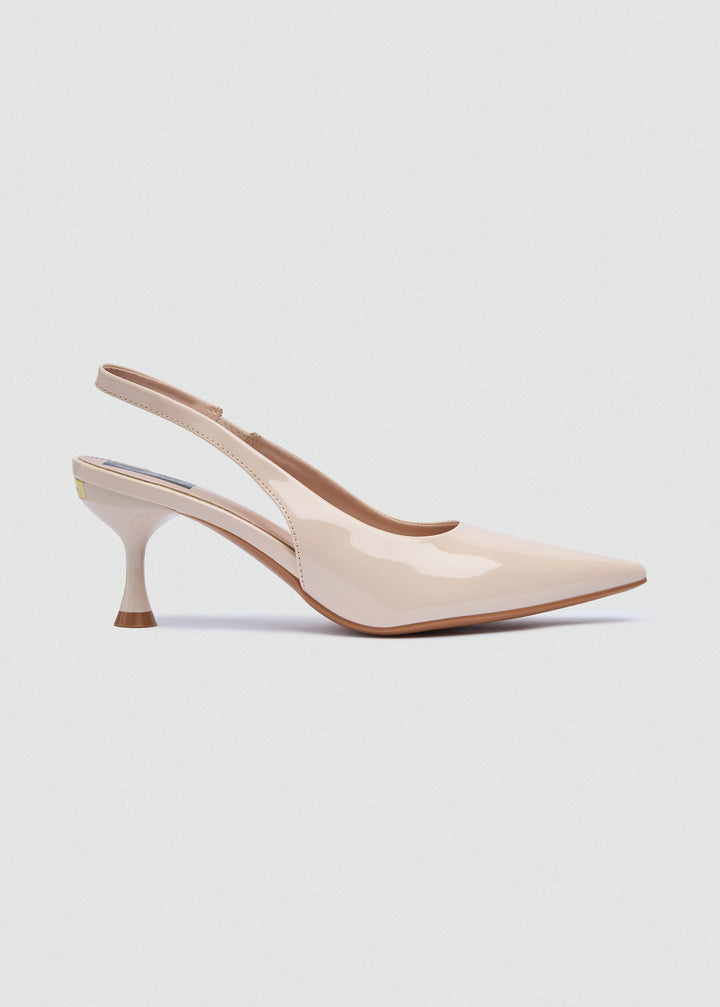 Pointed Slingback Kitten Heels - Patent Leather - Beige
