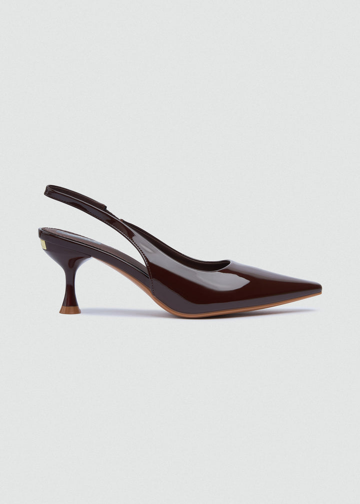 Pointed Slingback Kitten Heels - Patent Leather - Brown