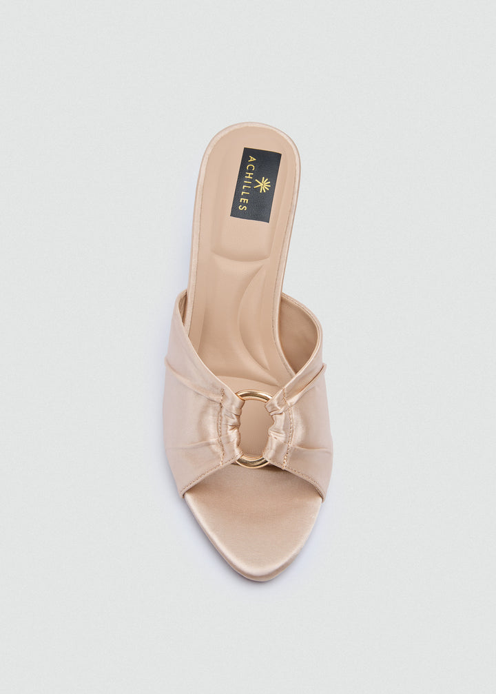 Ruched Buckle Heeled Mules - Satin - Beige