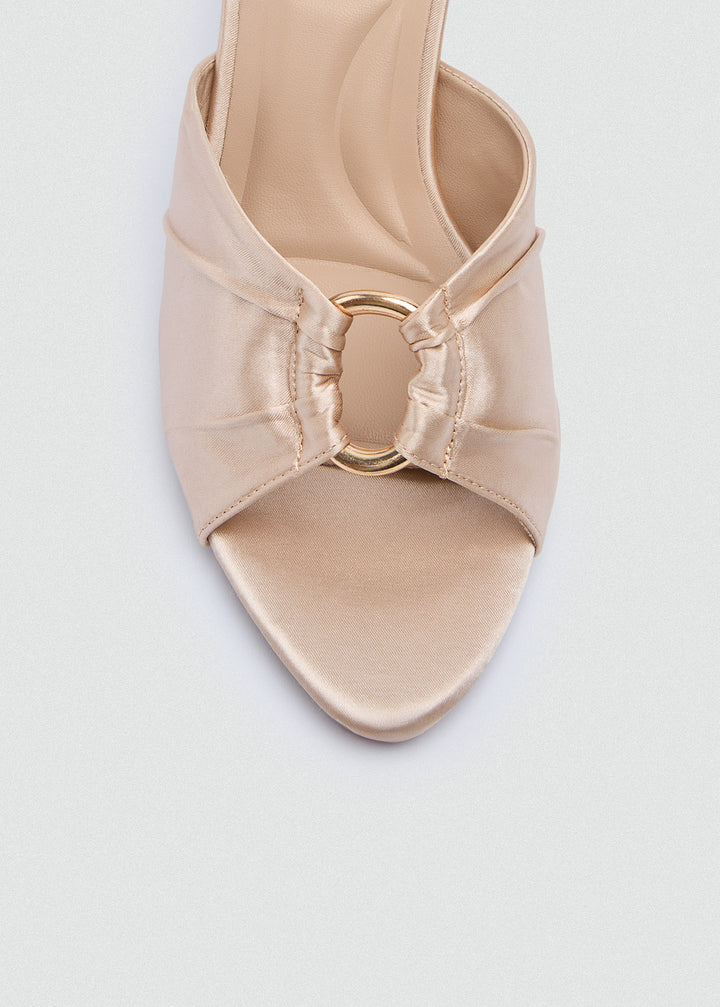 Ruched Buckle Heeled Mules - Satin - Beige