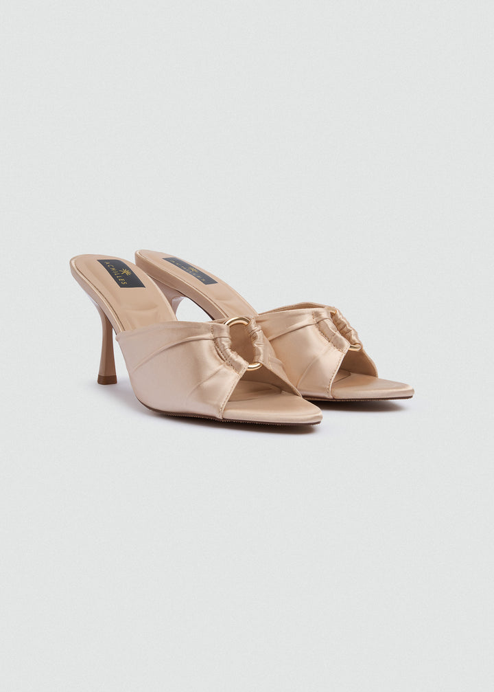 Ruched Buckle Heeled Mules - Satin - Beige