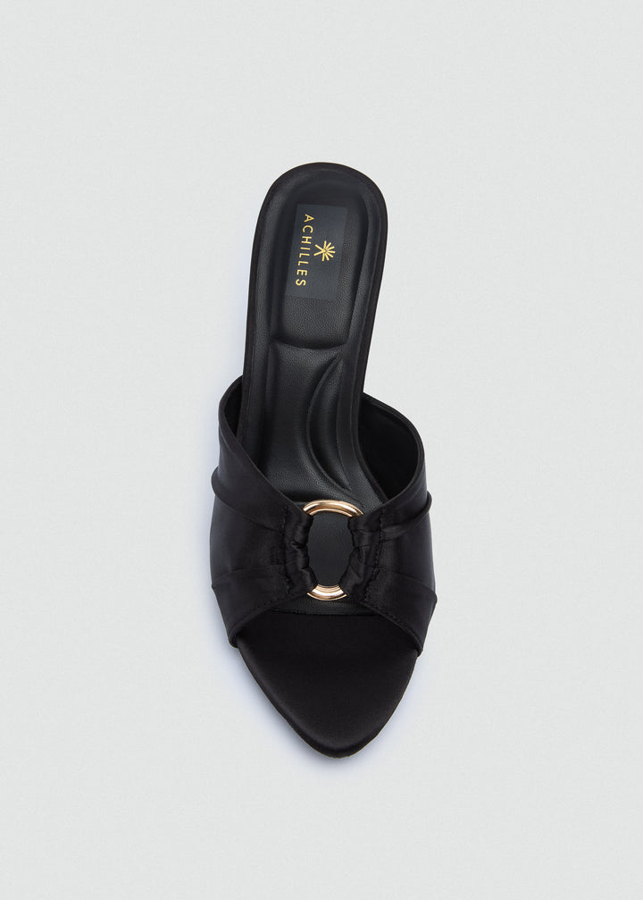 Ruched Buckle Heeled Mules - Satin - Black