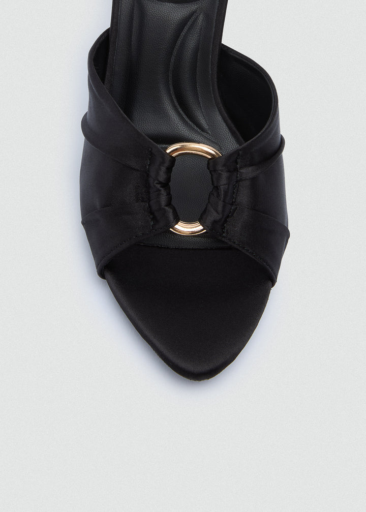 Ruched Buckle Heeled Mules - Satin - Black