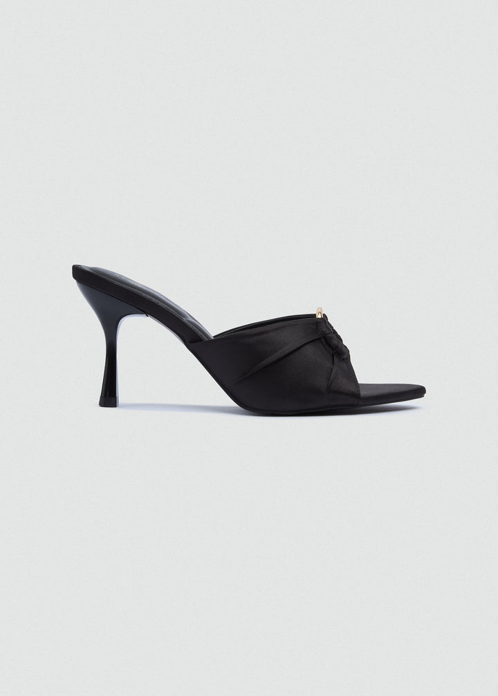Ruched Buckle Heeled Mules - Satin - Black