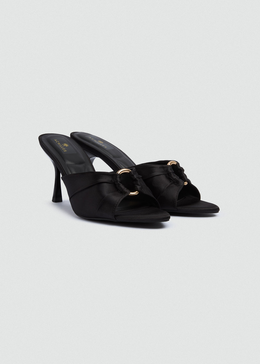 Ruched Buckle Heeled Mules - Satin - Black