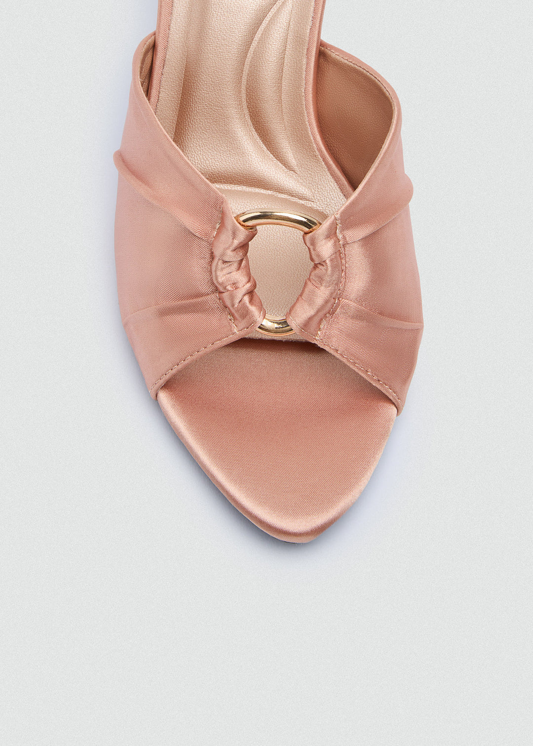 Ruched Buckle Heeled Mules - Satin - Champagne