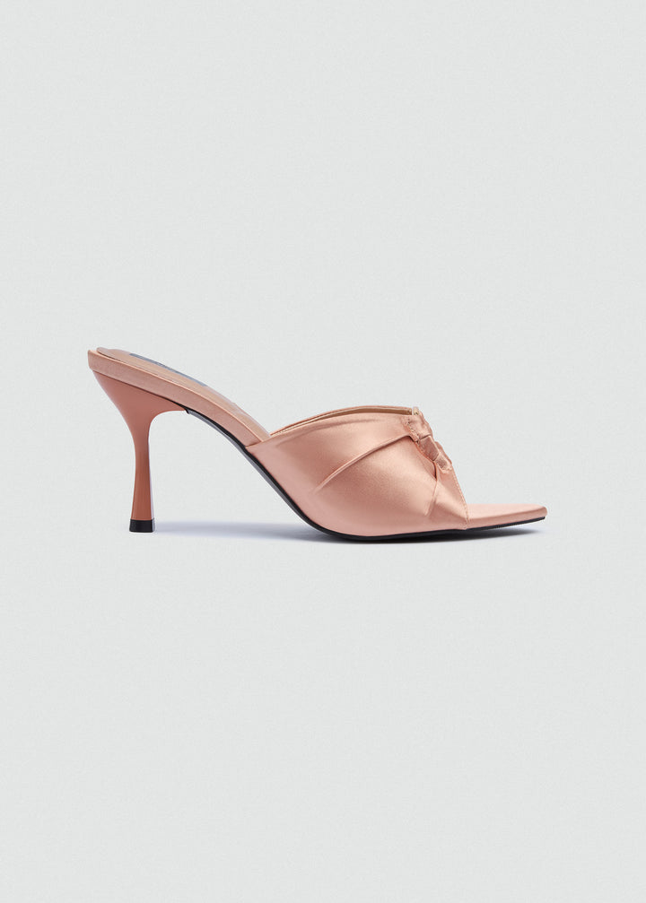 Ruched Buckle Heeled Mules - Satin - Champagne