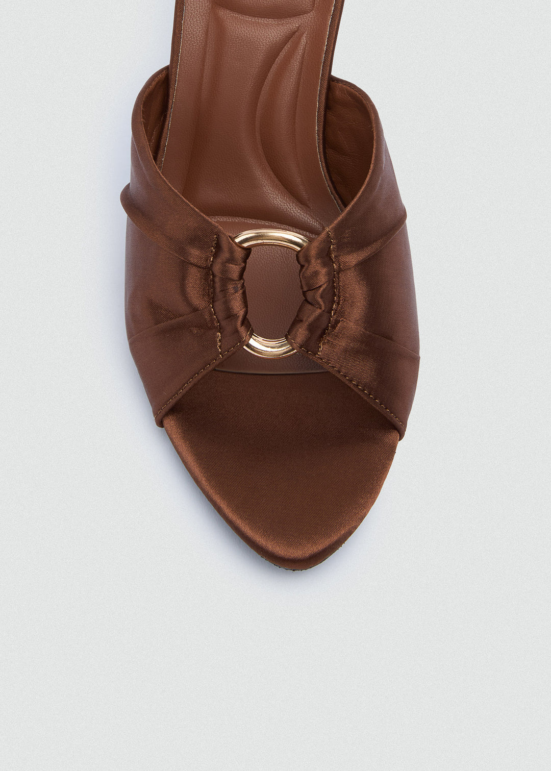 Ruched Buckle Heeled Mules - Satin - Brown