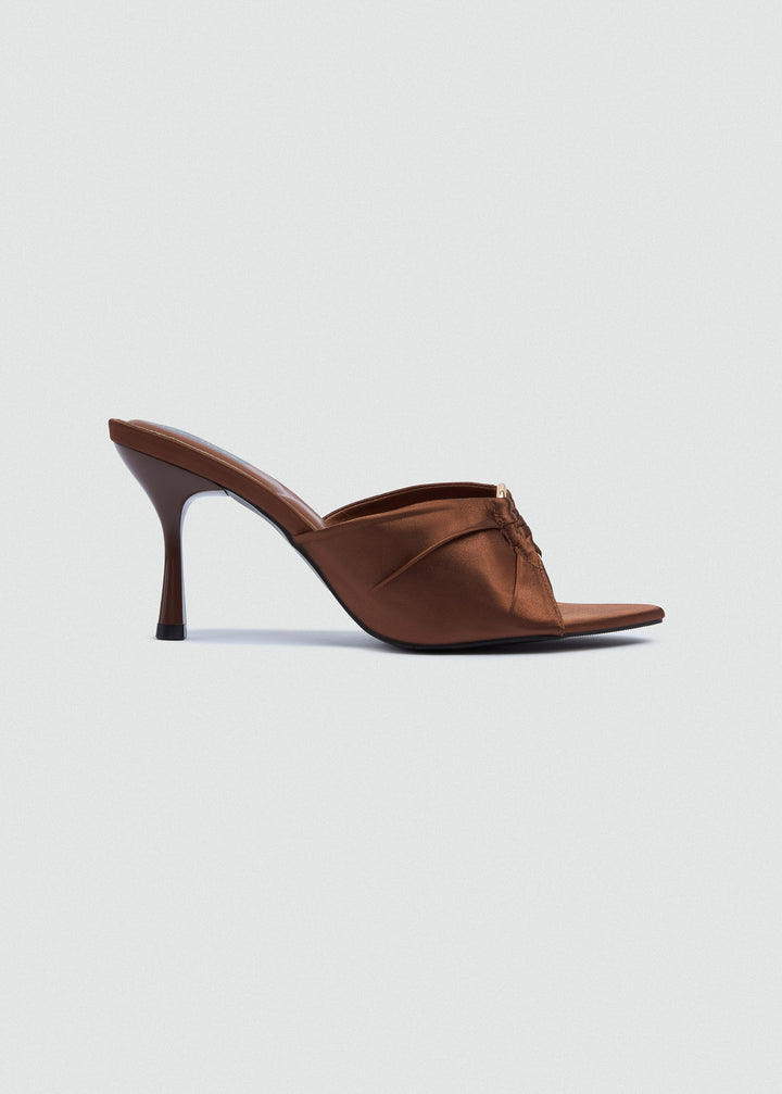 Ruched Buckle Heeled Mules - Satin - Brown