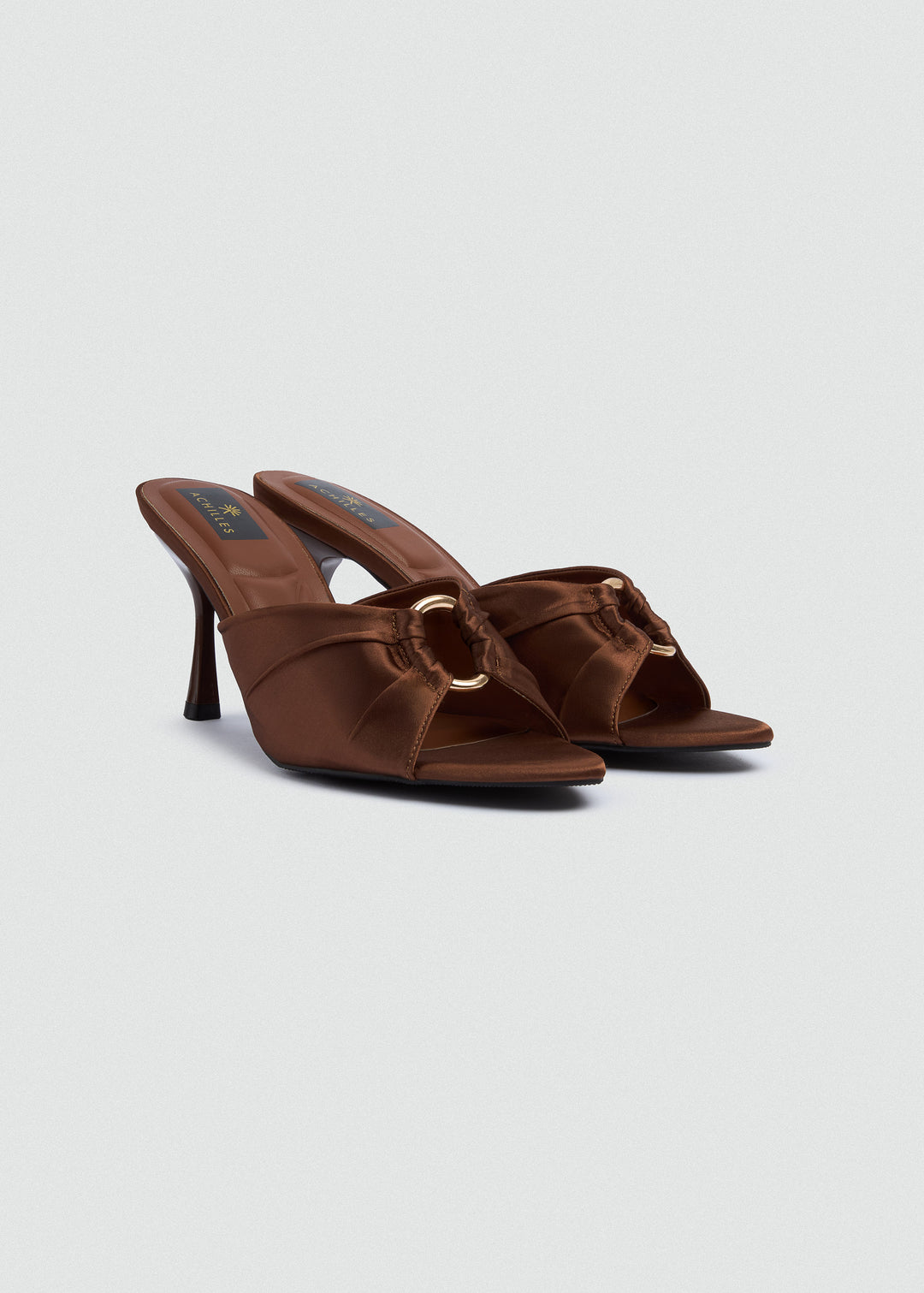Ruched Buckle Heeled Mules - Satin - Brown