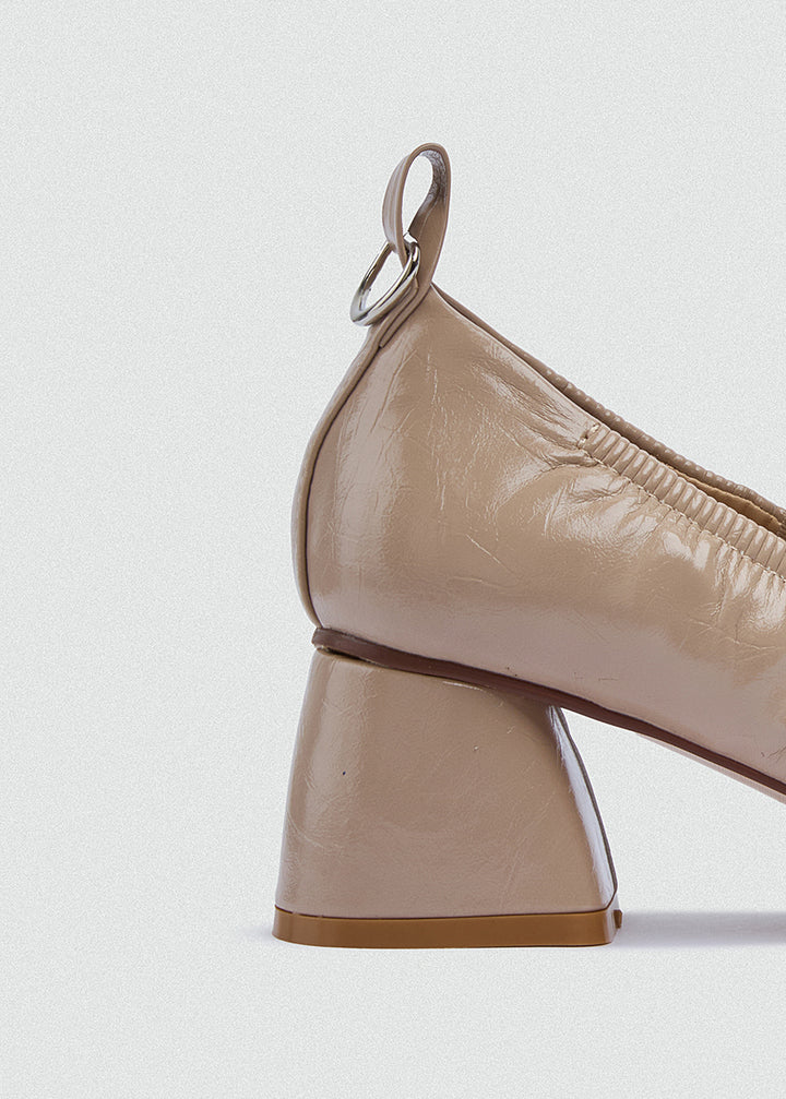 Flared Mary Jane Heels - Crinkled Patent Leather - Beige