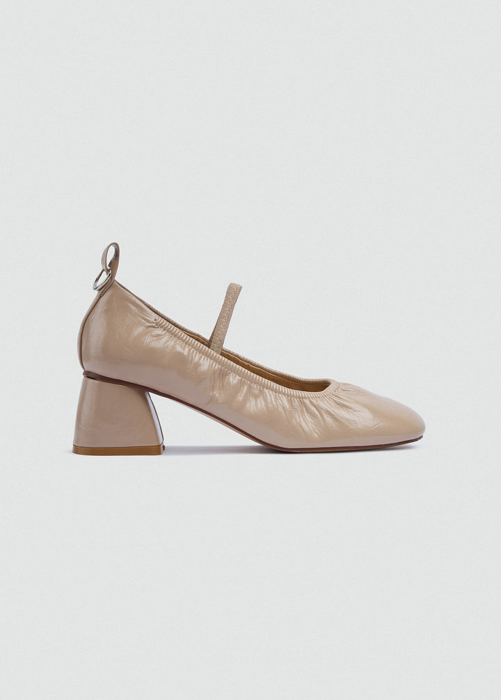 Flared Mary Jane Heels - Crinkled Patent Leather - Beige